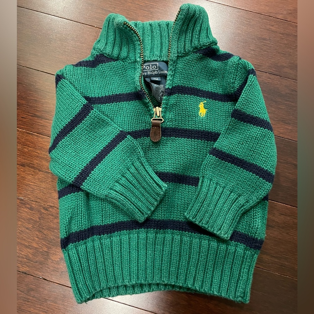 9 mo Green and Blue striped Rugby Half Zip Sweater